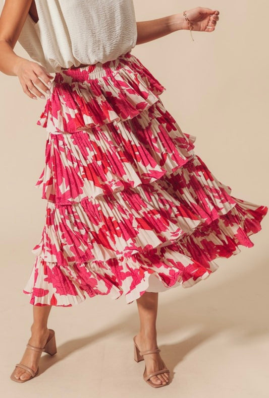 Floral Pleaded Tier MIDI Skirt