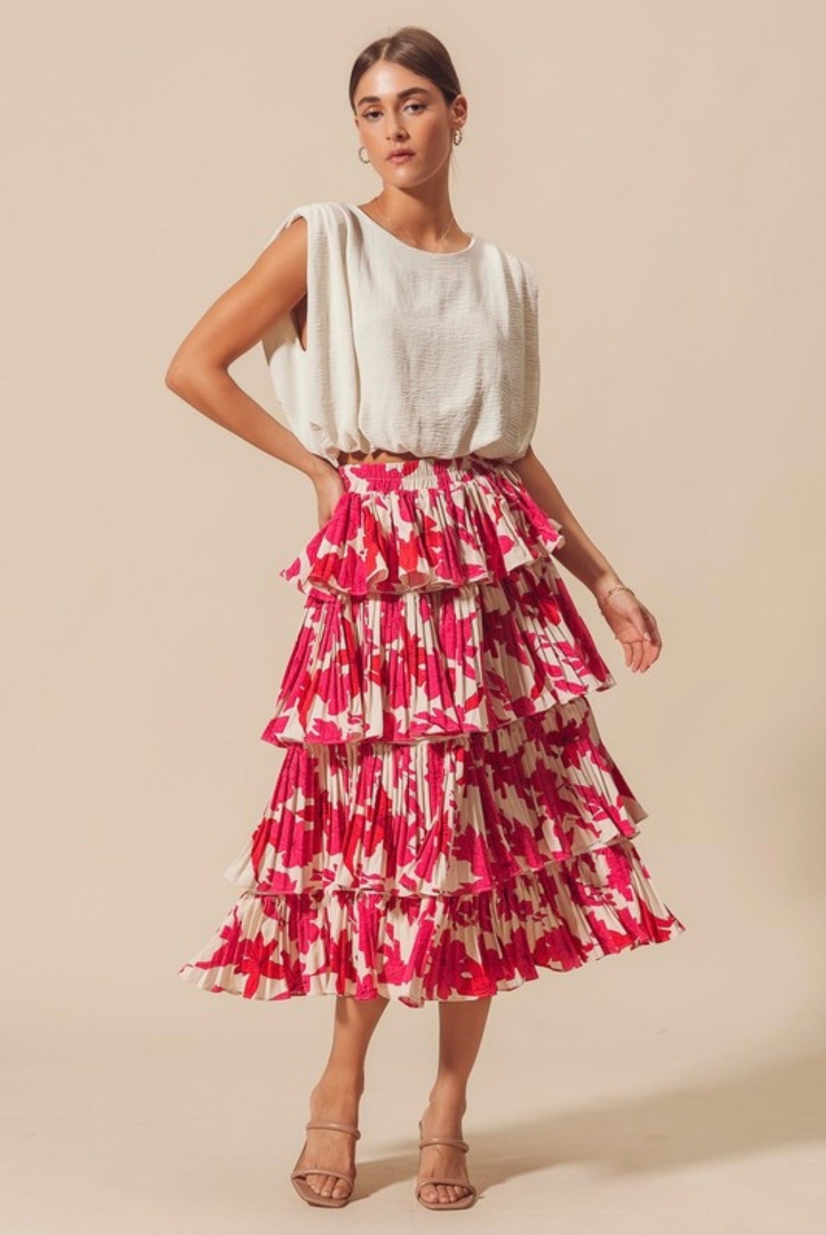 Floral Pleaded Tier MIDI Skirt